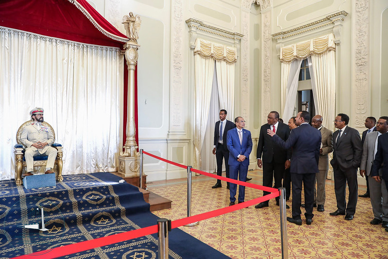 Ethiopian Prime Minister Abiy Ahmed shows a statue of Emperor Haile Selassie to regional leaders during the inauguration of Unity Park, National Palace in Addis Ababa, Ethiopia, on Oct. 10, 2019. (Photo: Office of the Prime Minister)